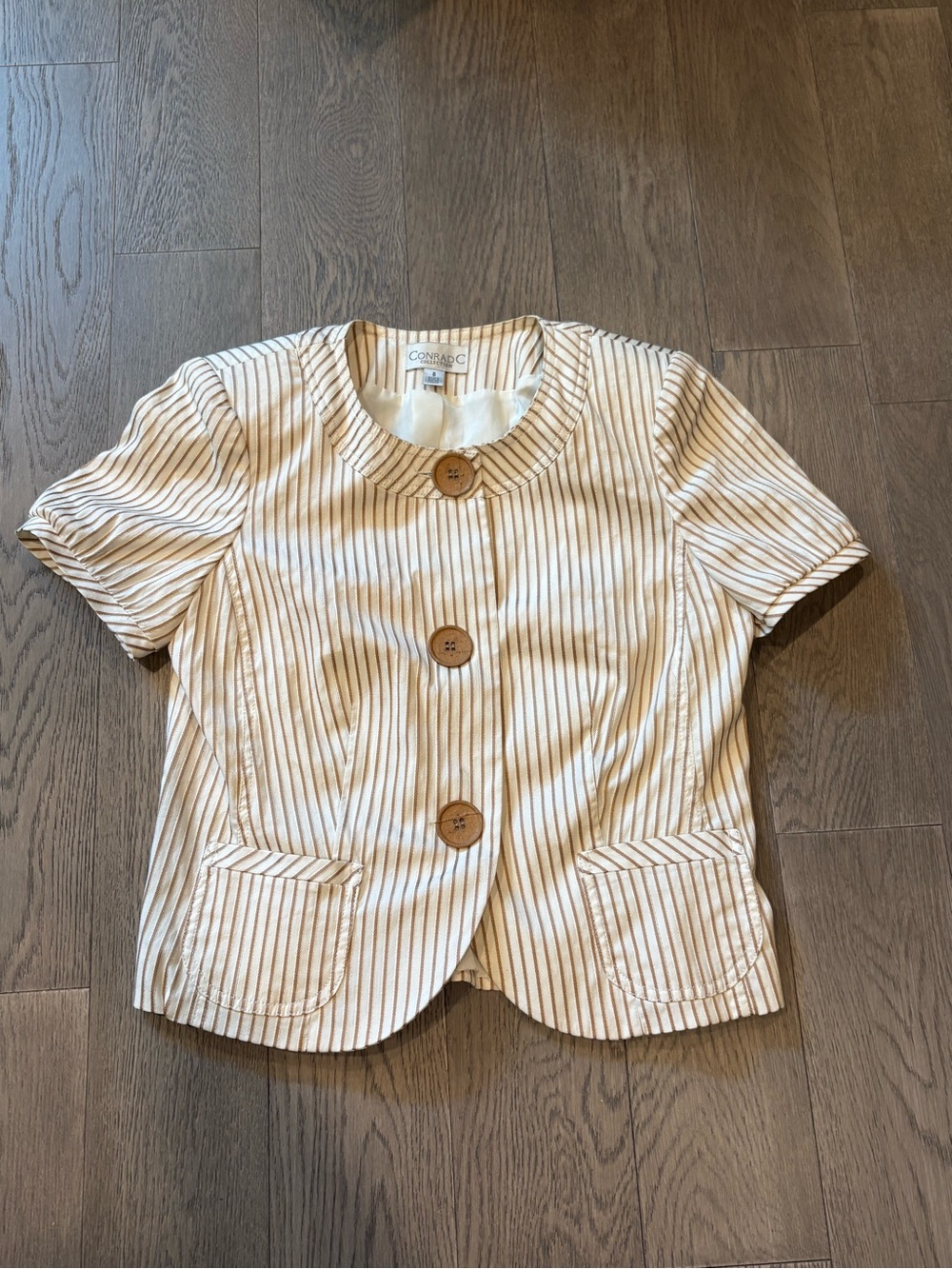 Cream Striped Short-Sleeve Jacket with Faux Wooden Buttons